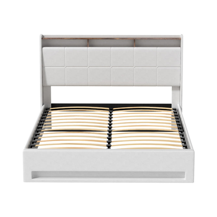 Bed Frame Gas Lift Led Beds Base Platform White Pvc Leather Storage Headboard Double