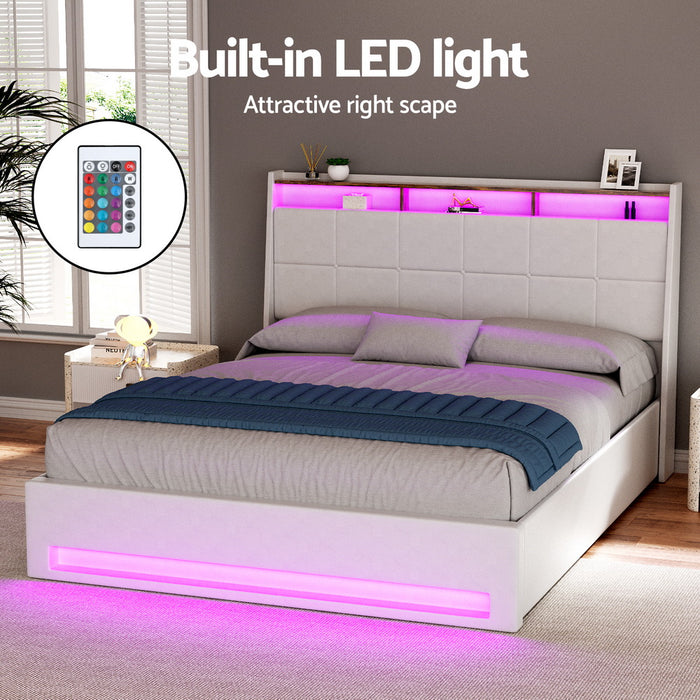 Bed Frame Gas Lift Led Beds Base Platform White Pvc Leather Storage Headboard Double