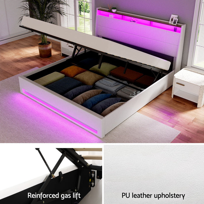 Bed Frame Gas Lift Led Beds Base Platform White Pvc Leather Storage Headboard King