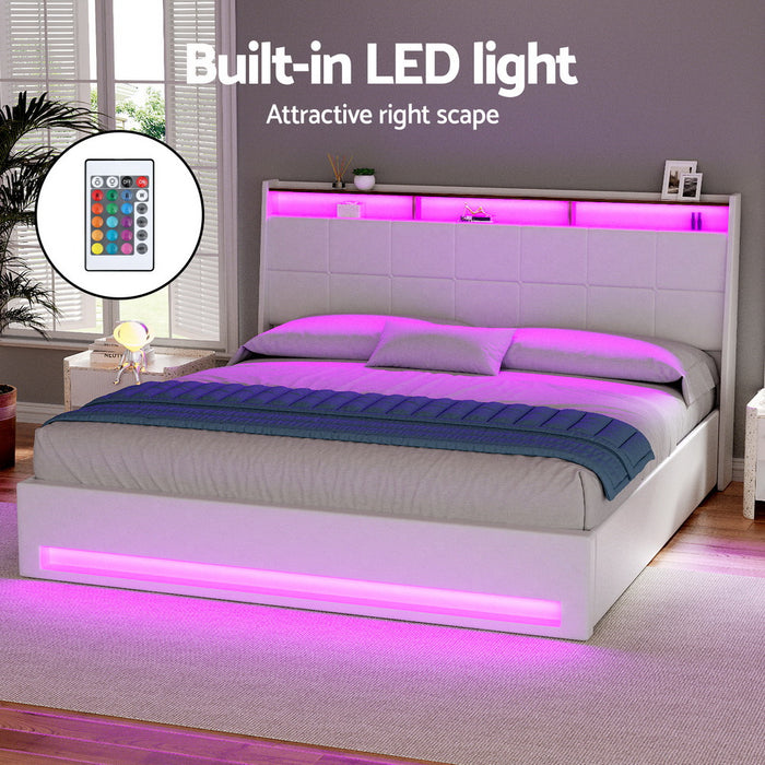 Bed Frame Gas Lift Led Beds Base Platform White Pvc Leather Storage Headboard King