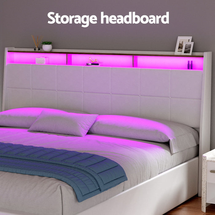 Bed Frame Gas Lift Led Beds Base Platform White Pvc Leather Storage Headboard King