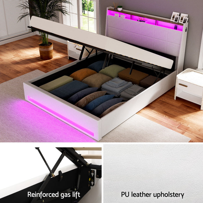 Bed Frame Gas Lift Led Beds Base Platform White Pvc Leather Storage Headboard Queen