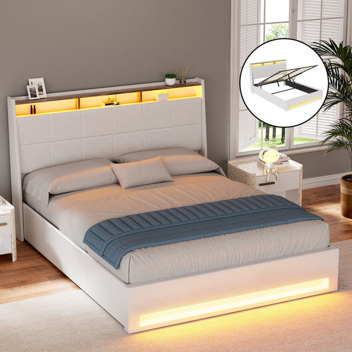 Bed Frame Gas Lift Led Beds Base Platform White Pvc Leather Storage Headboard Queen