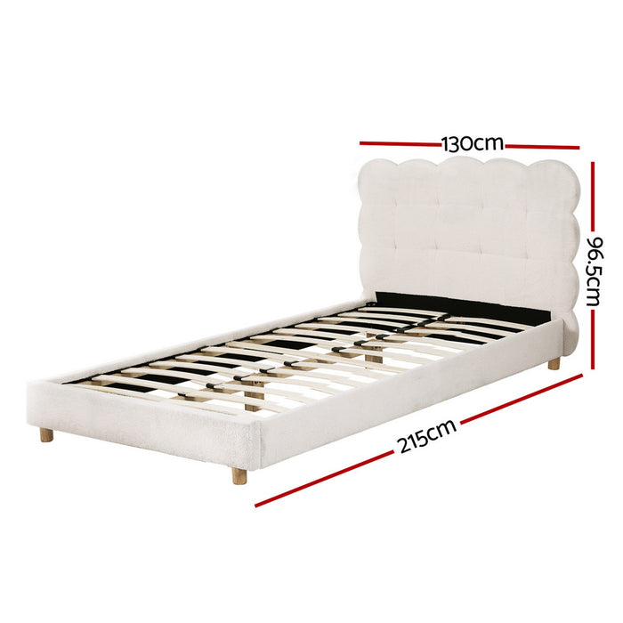 King Single Bed Frame Cloud Headboard Boucle Fabric Mattress Platform Base White