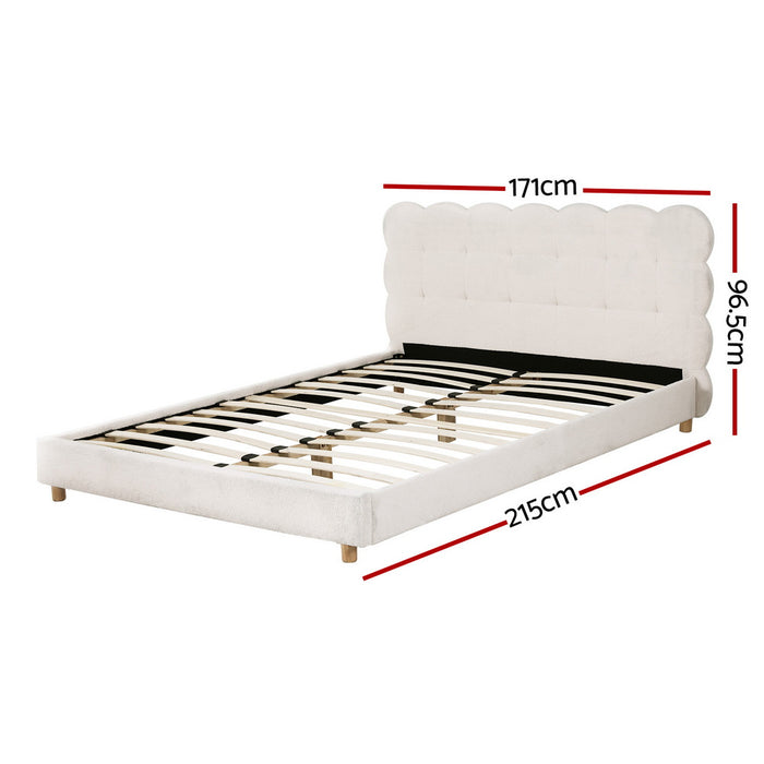 Queen Bed Frame Cloud Headboard Boucle Fabric Mattress Platform Base White