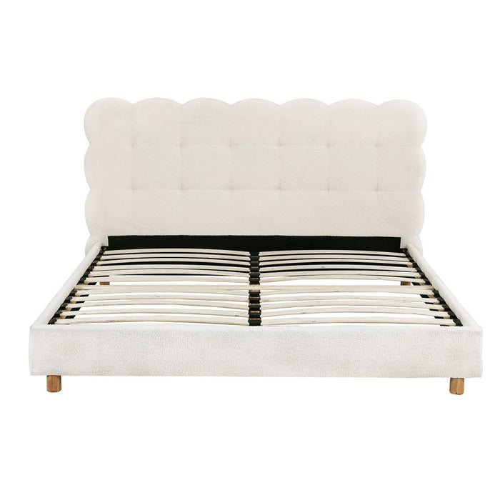 Queen Bed Frame Cloud Headboard Boucle Fabric Mattress Platform Base White