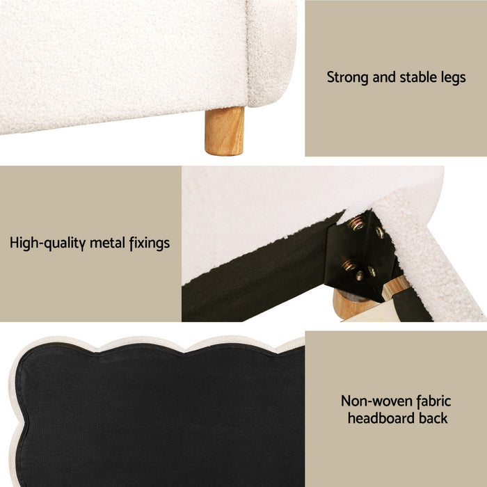 Queen Bed Frame Cloud Headboard Boucle Fabric Mattress Platform Base White