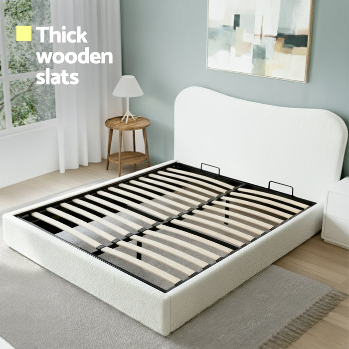 Double Bed Frame With Gaslift Storage Wooden Platform Mattress Base Boucle Upholstered White