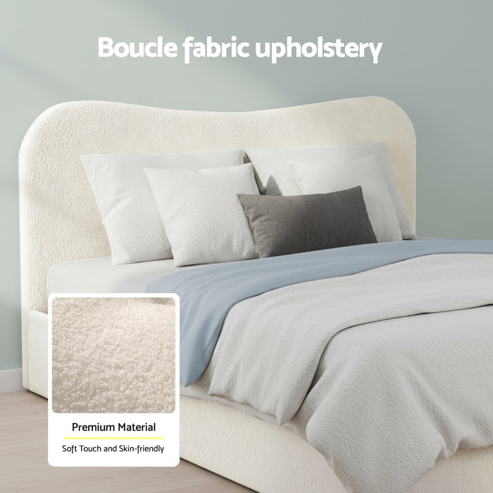 Queen Bed Frame With Gaslift Storage Wooden Platform Mattress Base Boucle Upholstered White