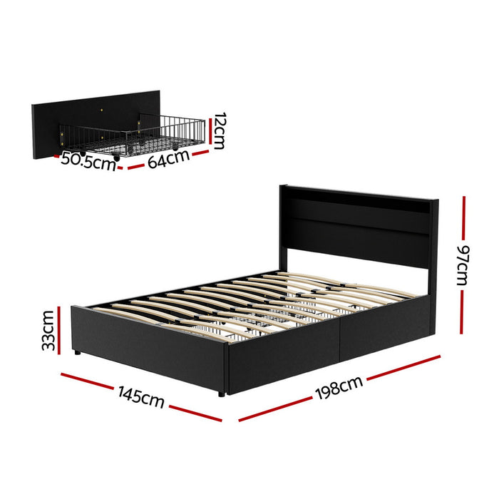 Double Size Bed Frame Led With 4 Drawers Black Dunn