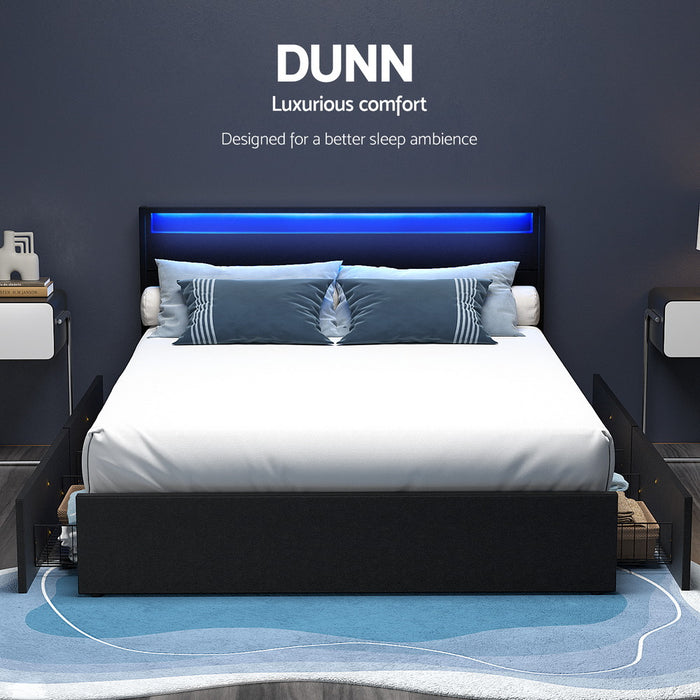 Double Size Bed Frame Led With 4 Drawers Black Dunn