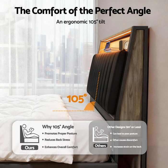 Queen Bed Frame Led Storage Headboard With Charging Station Black