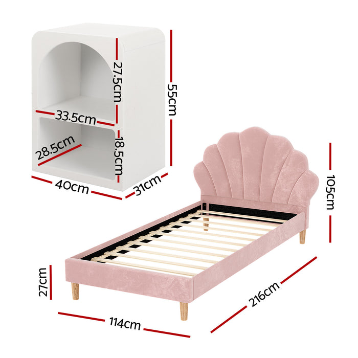 Bed Frame King Single With Bedside Table Set Scallop Headboard Pink Velvet Fabric Beds Base