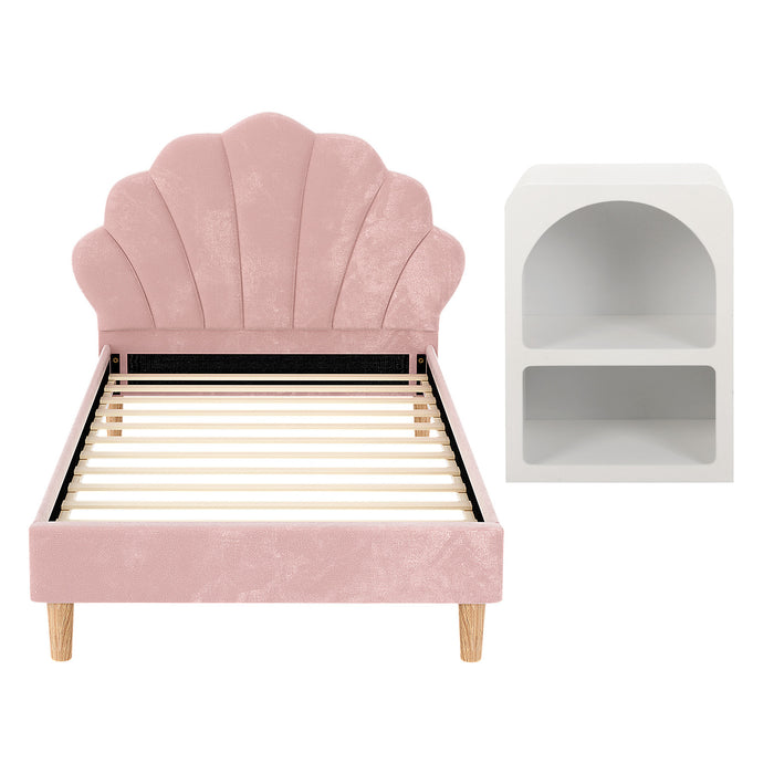 Bed Frame King Single With Bedside Table Set Scallop Headboard Pink Velvet Fabric Beds Base