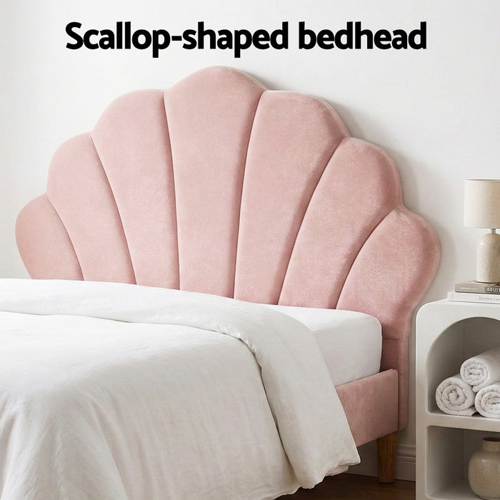 Bed Frame King Single With Bedside Table Set Scallop Headboard Pink Velvet Fabric Beds Base