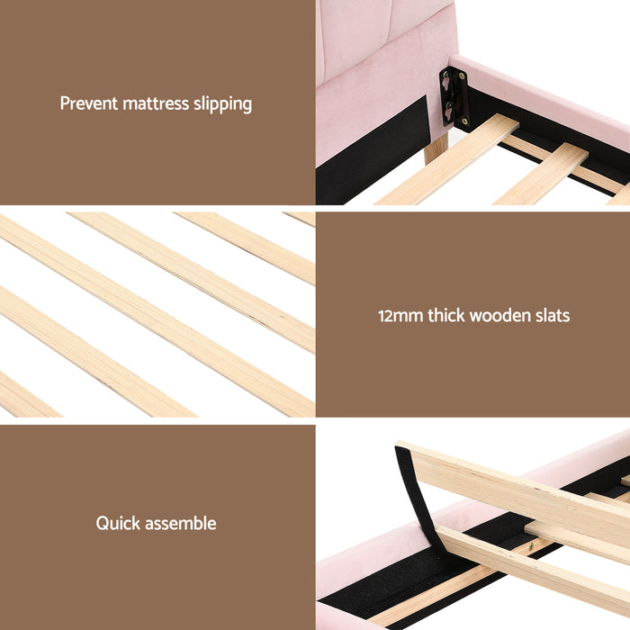 Bed Frame King Single With Bedside Table Set Scallop Headboard Pink Velvet Fabric Beds Base