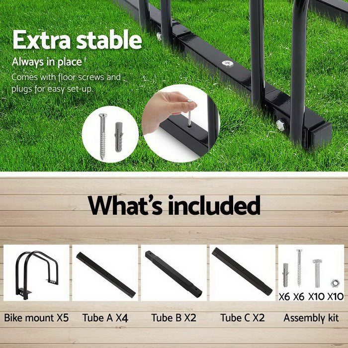 5 Bike Stand Rack Bicycle Storage Floor Parking Holder Cycling Black