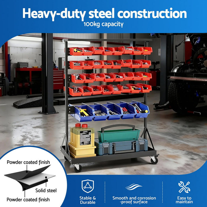 74 Bins Storage Rack Double Sided Mobile Garage Workshop Tools Organizer