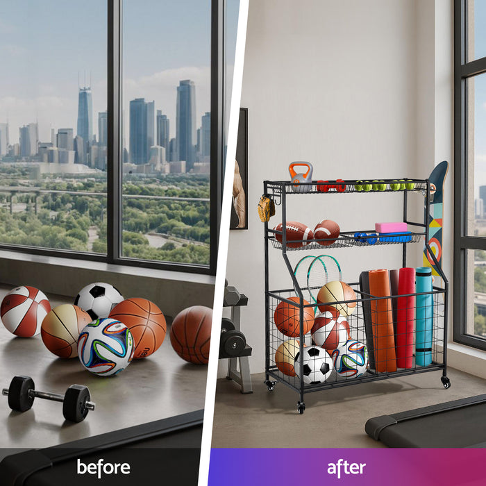 Sports Equipment Organizer Storage With Wheels Multi-Sport Garage Gym Black