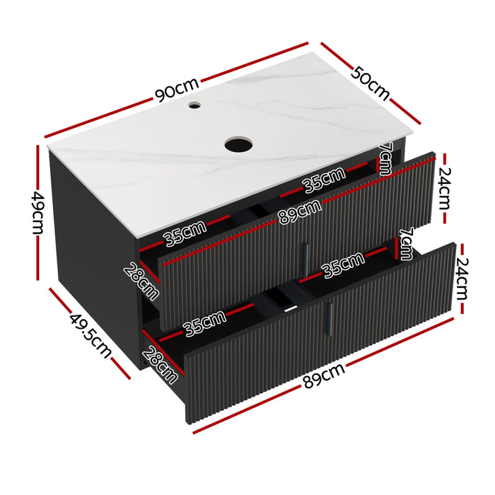 Vanity Unit 900Mm Bathroom Cabinet Storage Wall Hung Black Timber Front