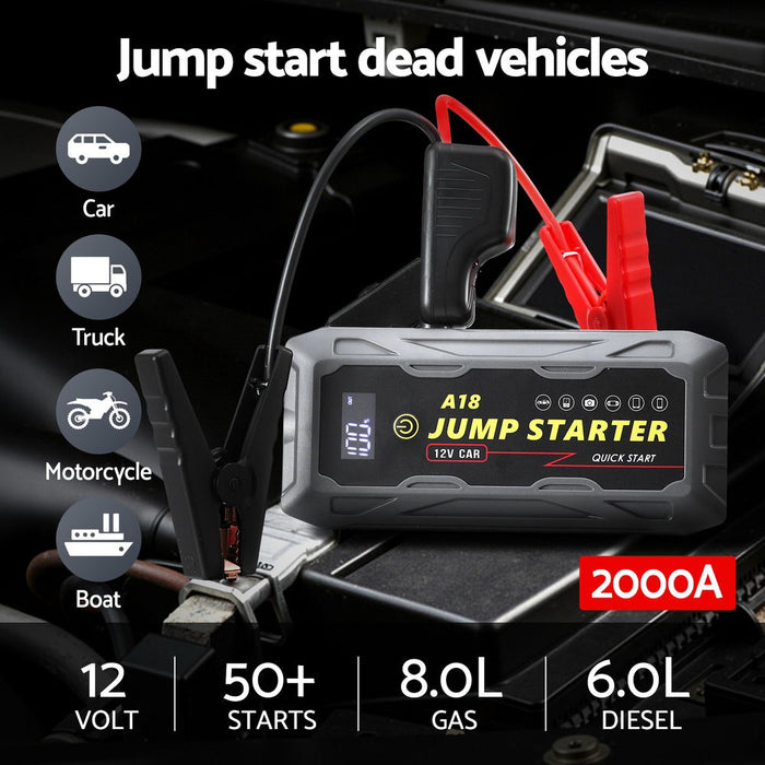 2000A Portable Car Jump Starter 12V Lithium Battery Booster Pack Power Bank & Jumper Cables