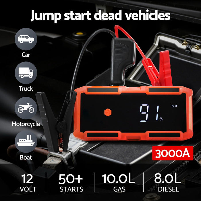 3000A Portable Car Jump Starter 12V Lithium Battery Booster Pack Power Bank & Jumper Cables