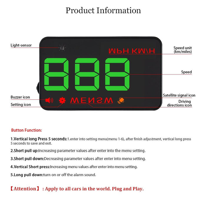 3.5 Inch Car Hud With Gps 2 Display Modes Light Sensors Speed & Compass Speed Alarm