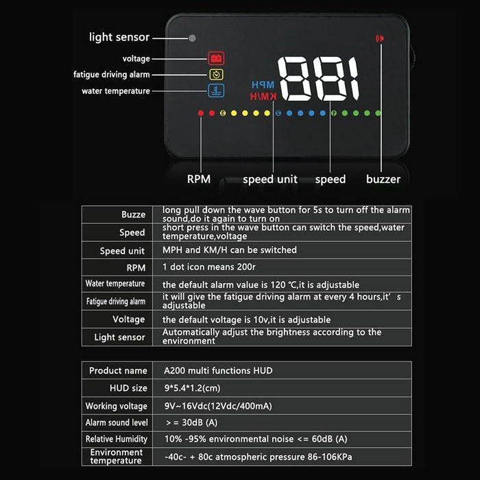 3.5 Inch Vehicle Head Up Display Car Speed Engine Revs Water Temp Voltage