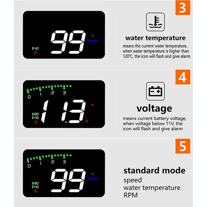 3.5 Inch Vehicle Head Up Display Car Speed Engine Revs Water Temp Voltage Mileage