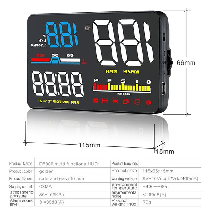 5 Inch Obd2 Head Up Display Car Speed Revolving Speed Water Temp Battery Voltage