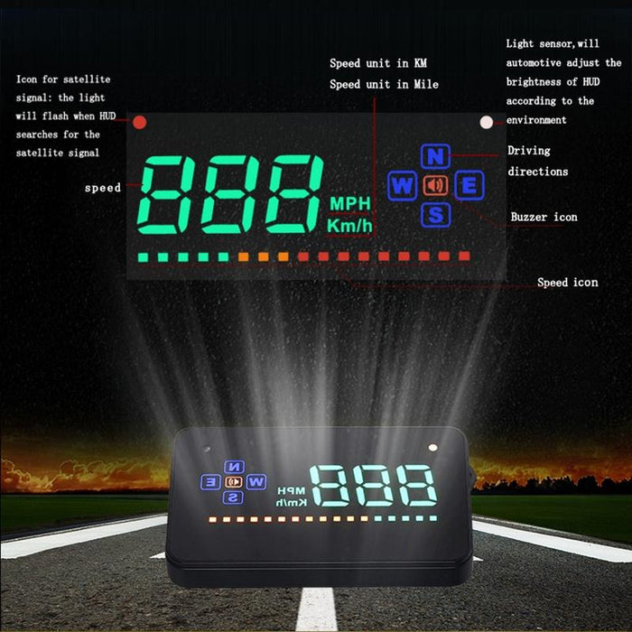 3.5 Inch Gps Car Hud Speed Alarm Compass Km / Miles Black