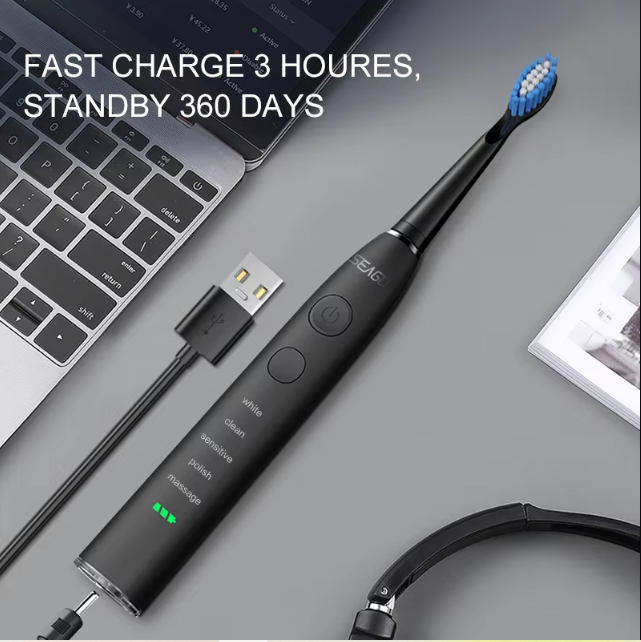 USB Rechargeable Sonic Toothbrush 360 Day Battery Ipx7 4 Heads With Travel Box