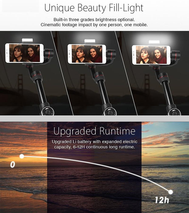 V5 Smooth 3-Axis Handheld Aluminum Brushless Gimbal Stabilizer With Tripod Mount & Fill Light For Smartphones Within 6 Inch Support Face Tracking Black