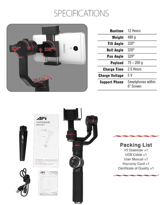 V5 Smooth 3-Axis Handheld Aluminum Brushless Gimbal Stabilizer With Tripod Mount & Fill Light For Smartphones Within 6 Inch Support Face Tracking Black