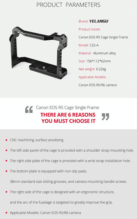 C22-A Ylg0334B-A Video Camera Cage Stabilizer For Canon Eos R5/R6/R Black