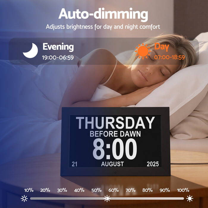 10" Digital Day Clock Alarm Calendar Dementia Date Week Desk Clocks Black