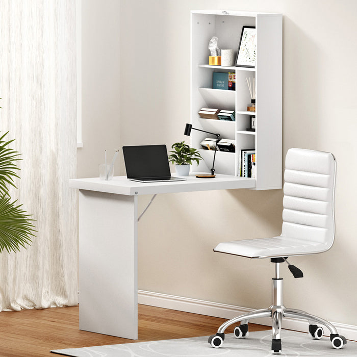 Computer Desk Office Chair Set Pu Leather Wall Mount Foldable Table White