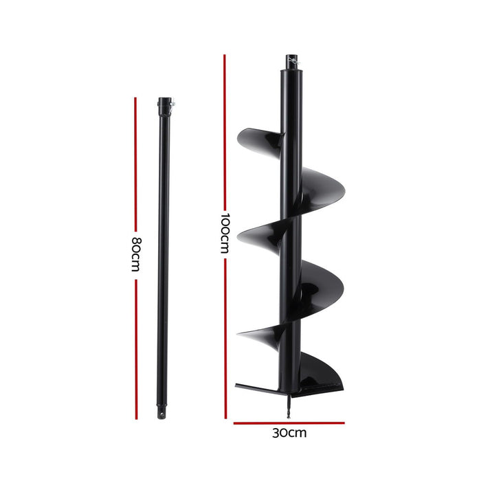 Post Hole Digger Auger Drill Bit 300Mm With 80cm Extension Shaft Black