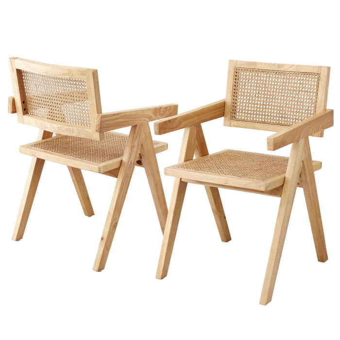 2X Dining Chairs Wooden Rattan Seat Rubber Wood Frame