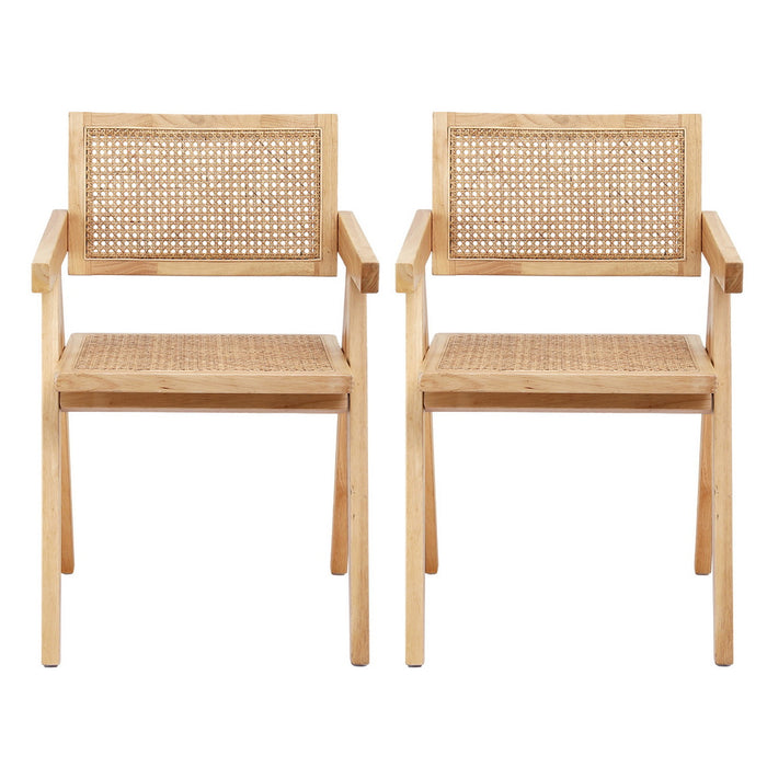 2X Dining Chairs Wooden Rattan Seat Rubber Wood Frame