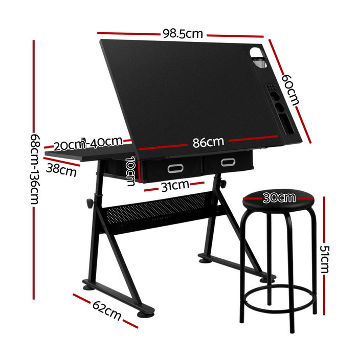 Drawing Desk Stool Set Drafting Table Adjustable Angle Tilt Drawers Black
