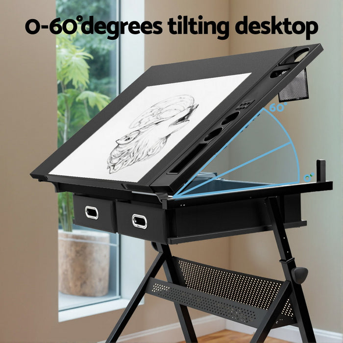 Drawing Desk Stool Set Drafting Table Adjustable Angle Tilt Drawers Black