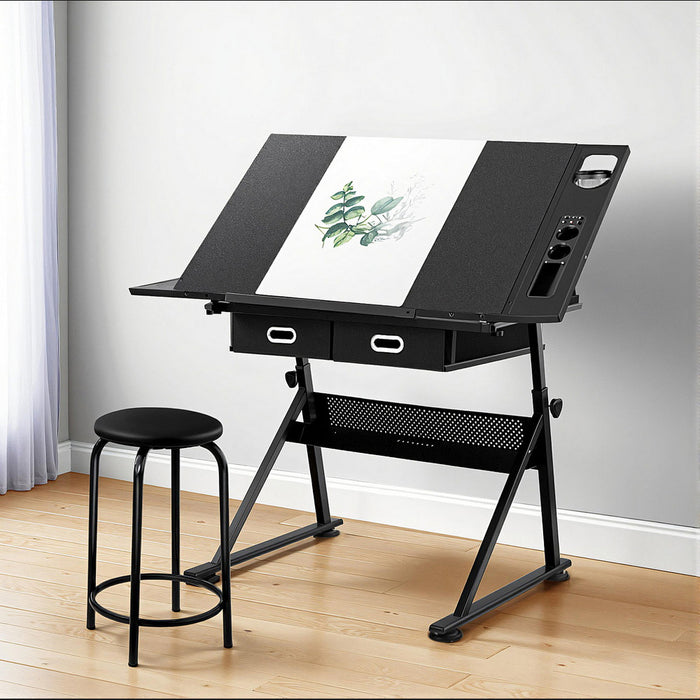 Drawing Desk Stool Set Drafting Table Adjustable Angle Tilt Drawers Black