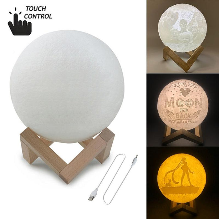 3-Colour 3D Print Moon Lamp With Wooden Base Usb Charging 10Cm Diameter