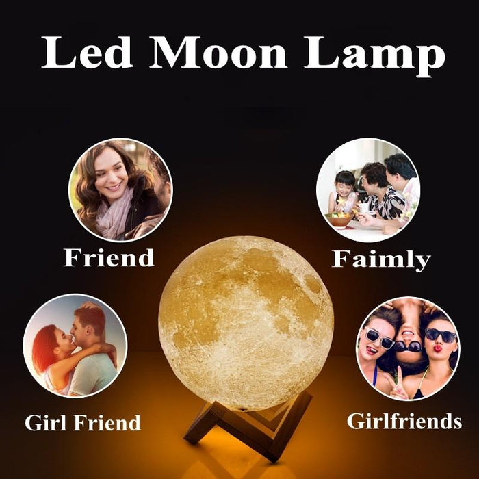 3-Colour 3D Print Moon Lamp With Wooden Base Usb Charging 10Cm Diameter