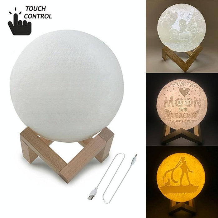 3-Colour 3D Print Moon Lamp With Wooden Holder Base 15Cm Usb Charging Led Night Light