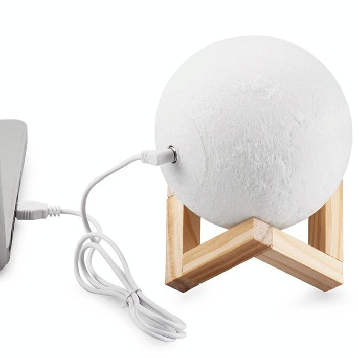 3D Printed Moon Lamp With Touch Switch & Wooden Base 8Cm Diameter