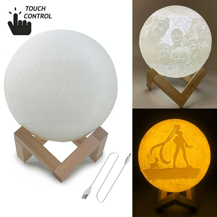 3D Printed Moon Lamp With Touch Switch & Wooden Base 8Cm Diameter