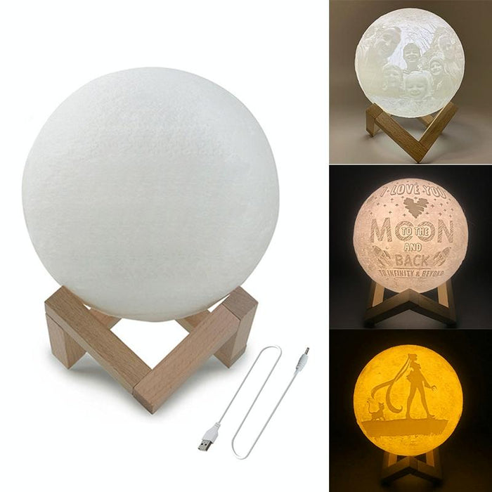 3-Colour 3D Print Lamp With Wooden Holder Base Usb Charging Energy-Saving 18Cm Diameter