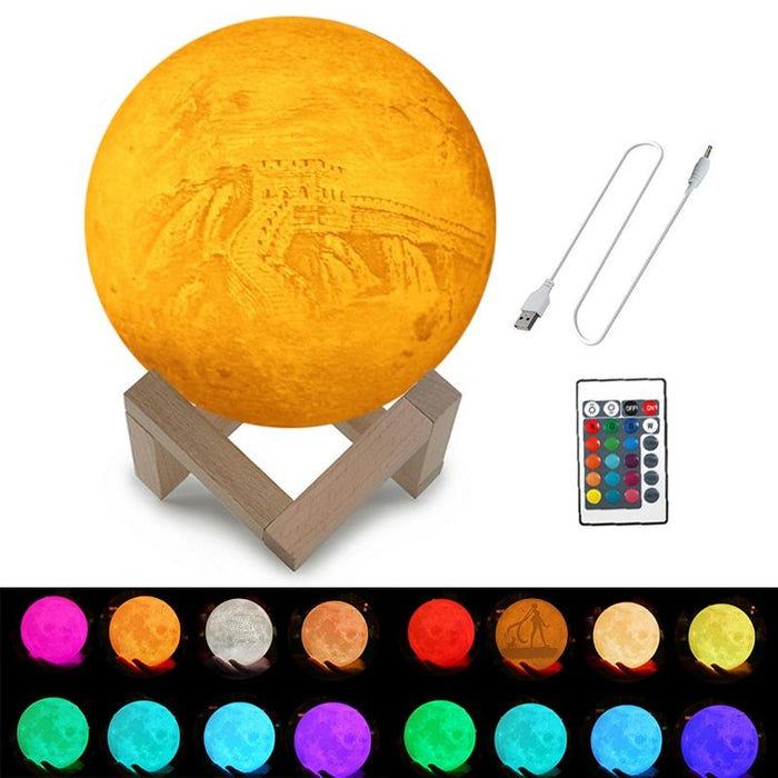 16-Colour 3D Print Lamp With Remote & Wooden Base Usb Charging Energy-Saving 18Cm Diameter